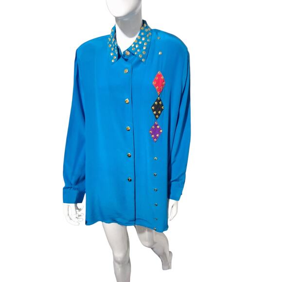Vintage Diane Gilman 100% Silk Womens size 1X Diamond Patchwork Button Up Top - Picture 3 of 12